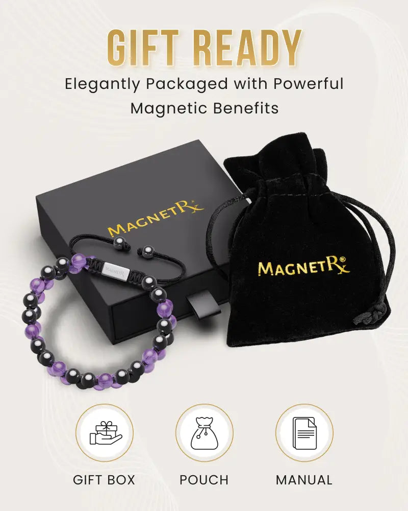 Aaa grade amethyst and magnetic hematite beaded bracelet in purple and black with silver-toned rectangular accent in elegant packaging