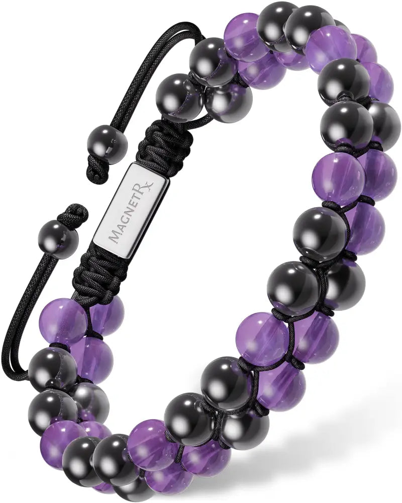 Aaa grade amethyst and magnetic hematite beaded bracelet in purple and black with a silver-toned magnetrx tag