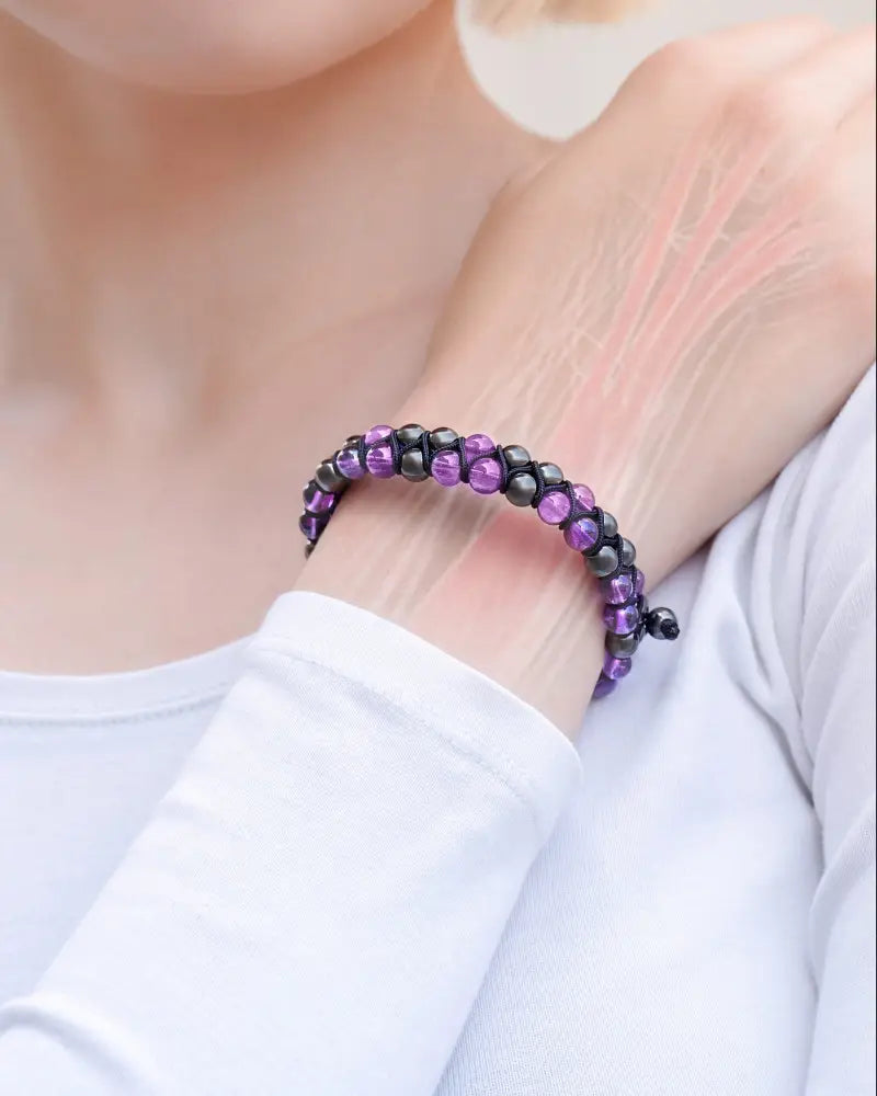 Aaa grade amethyst and magnetic hematite beaded bracelet with polished round purple and black beads