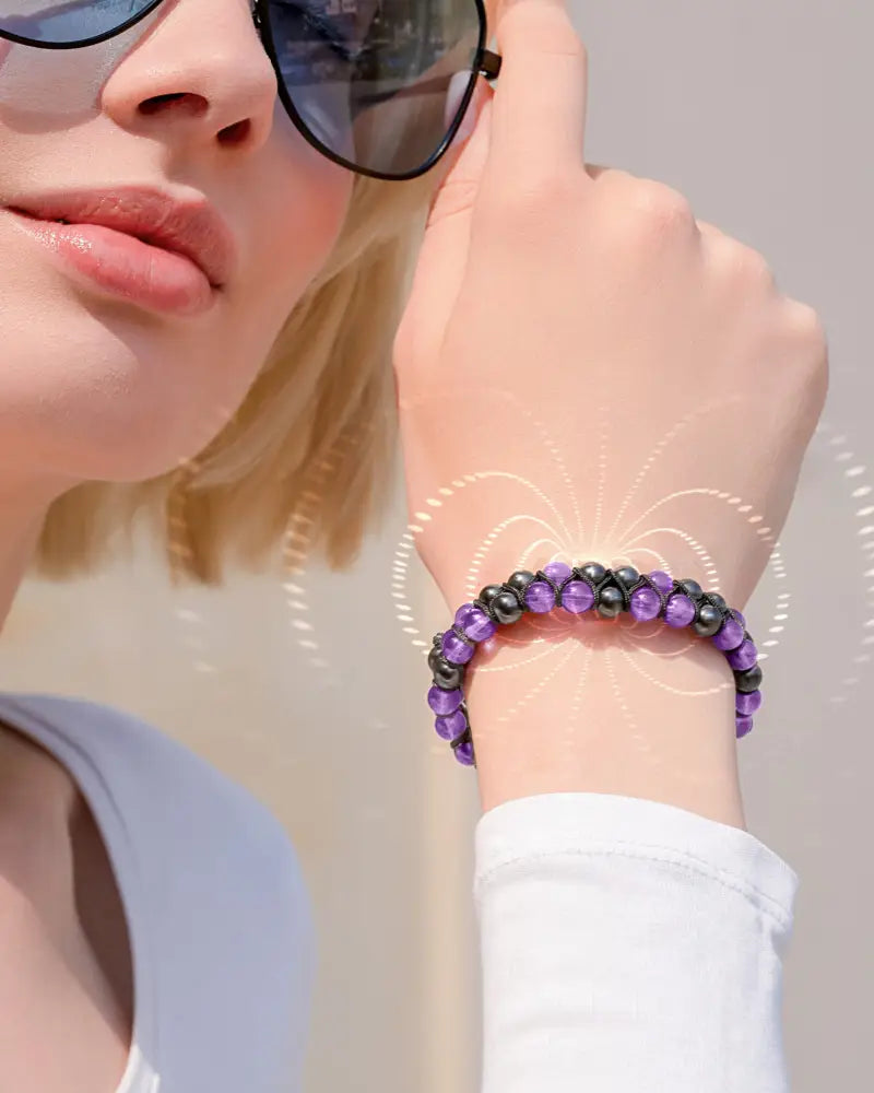 Aaa grade amethyst and magnetic hematite beaded bracelet with alternating purple and black spherical stones