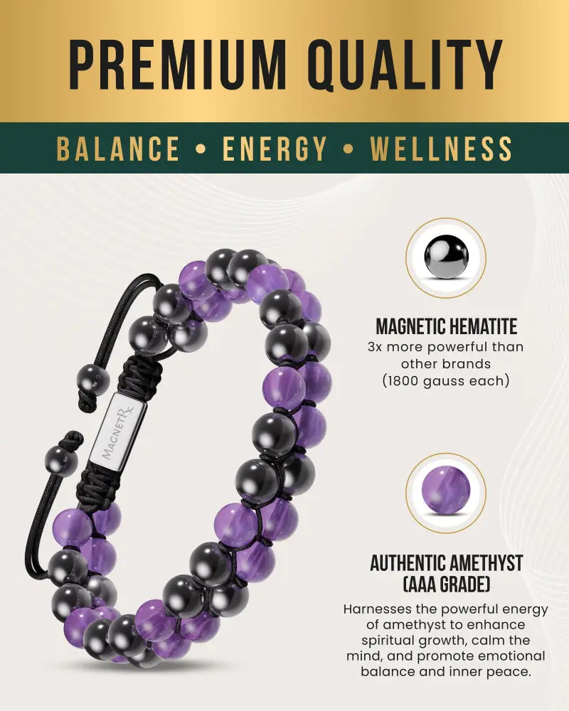 Aaa grade amethyst and magnetic hematite beaded bracelet in purple and black with a silver toned magnetrx tag