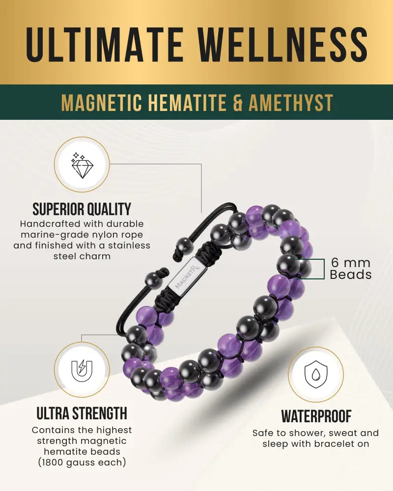 Aaa grade amethyst and magnetic hematite beaded bracelet in purple and black with stainless steel charm