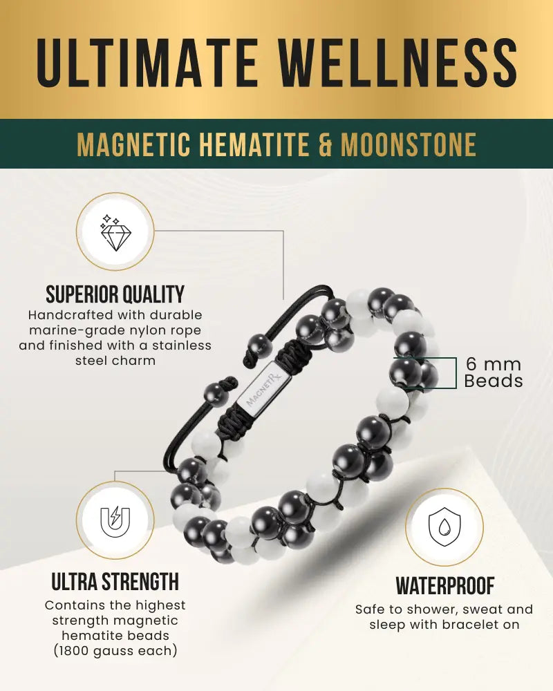 A black and white moonstone and magnetic hematite bracelet with stainless steel charm in aaa grade quality