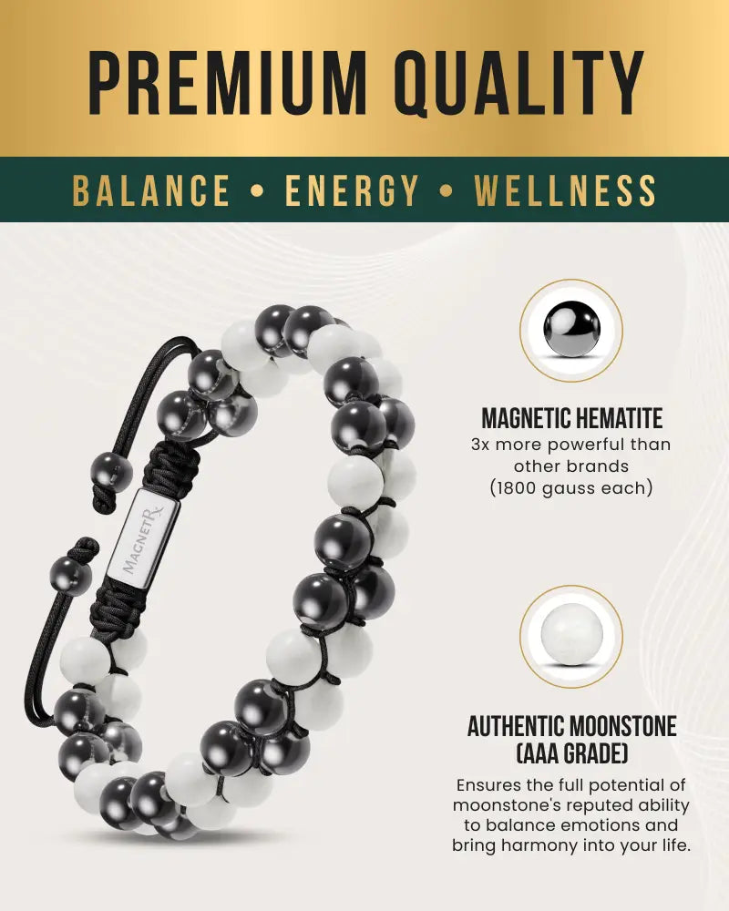 A black and white magnetic hematite and authentic moonstone bead bracelet with braided cord closure