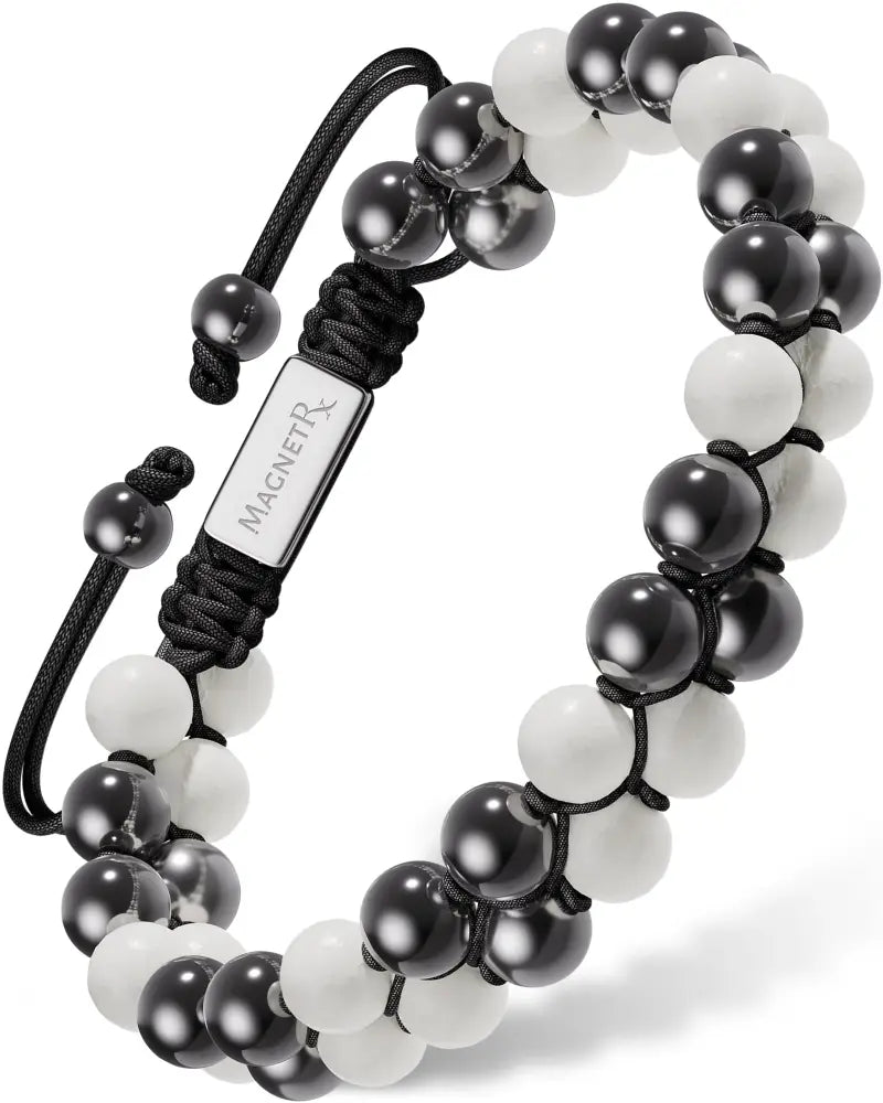Black and white magnetic hematite bead bracelet with silver magnetr tag from Aaa grade moonstone collection