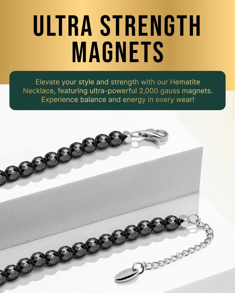 Faceted magnetic hematite 6mm black bead necklace with silver-toned clasp and adjustable chain for versatile wear