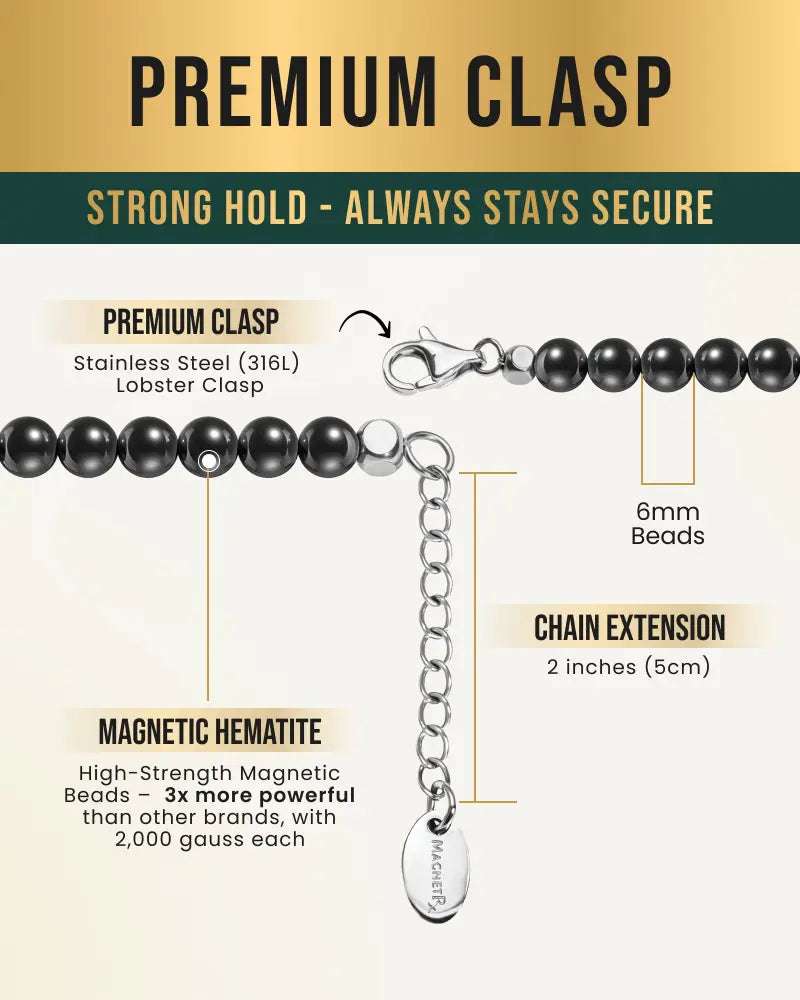 Polished black 6mm magnetic hematite round bead necklace on silver chain with stainless steel lobster clasp and extension