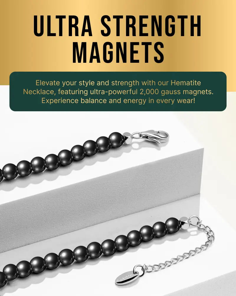 Polished 6mm magnetic hematite round bead necklace with black beads and silver-toned clasp and chain