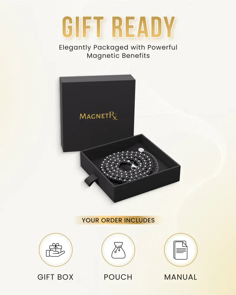 Polished 6mm magnetic hematite round bead necklace in black with silver-toned beads and clasp in a black gift box