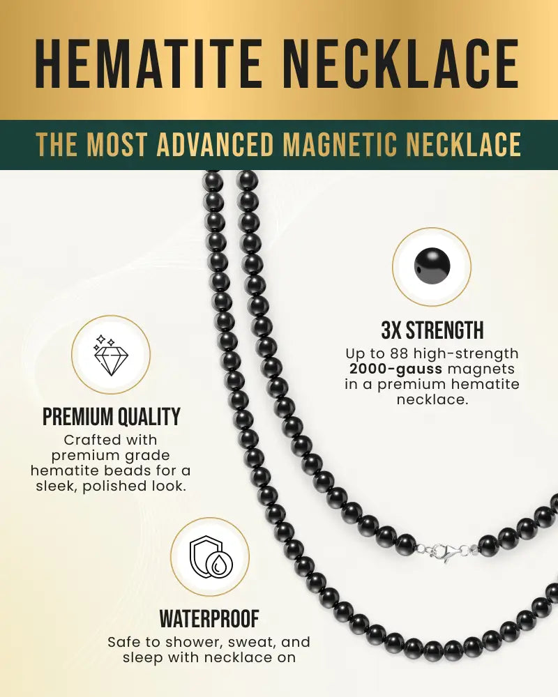 Polished 6mm magnetic hematite round bead necklace in black with sleek finish and secure magnetic clasp
