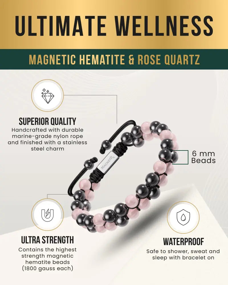 A rose quartz and magnetic hematite beaded bracelet with black and pink beads on marine-grade nylon rope