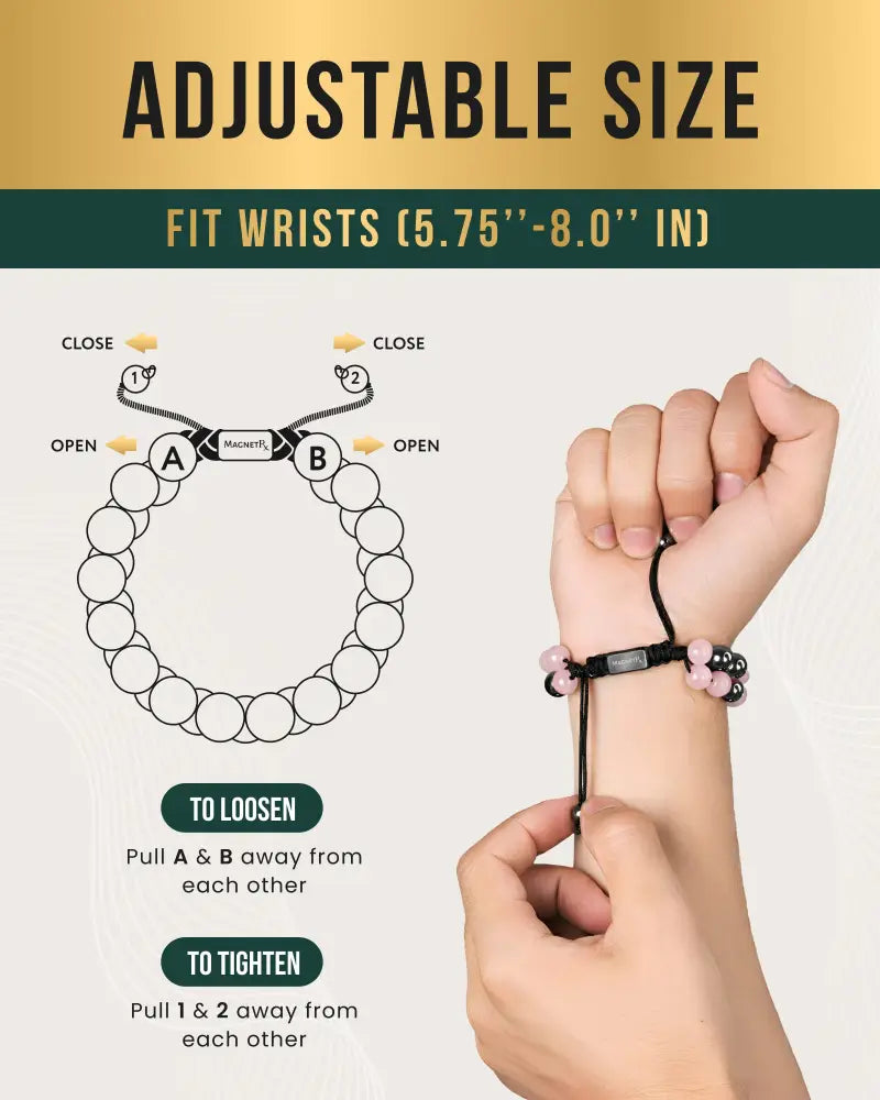 Black cord rose quartz and magnetic hematite beaded bracelet with pink silver beads and adjustable magnetic clasp