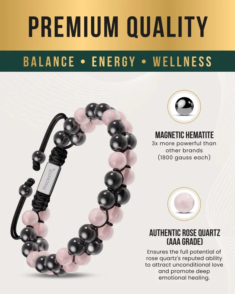 Rose quartz and magnetic hematite beaded bracelet with black and pink stones and silver toned Magnetix tag on black cord