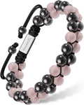 Rose quartz and magnetic hematite beaded bracelet in black and pink with a silver magnetr tag