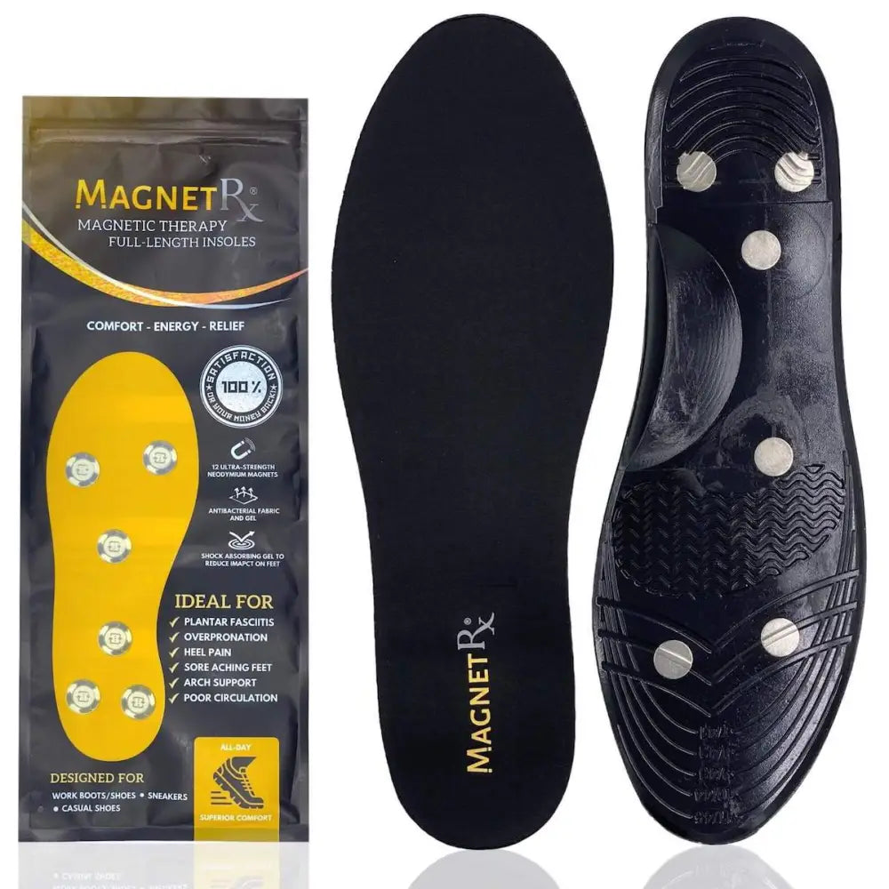 Black magnetrx high power neodymium magnetic therapy insole with silver circular magnets and textured rubber outsole