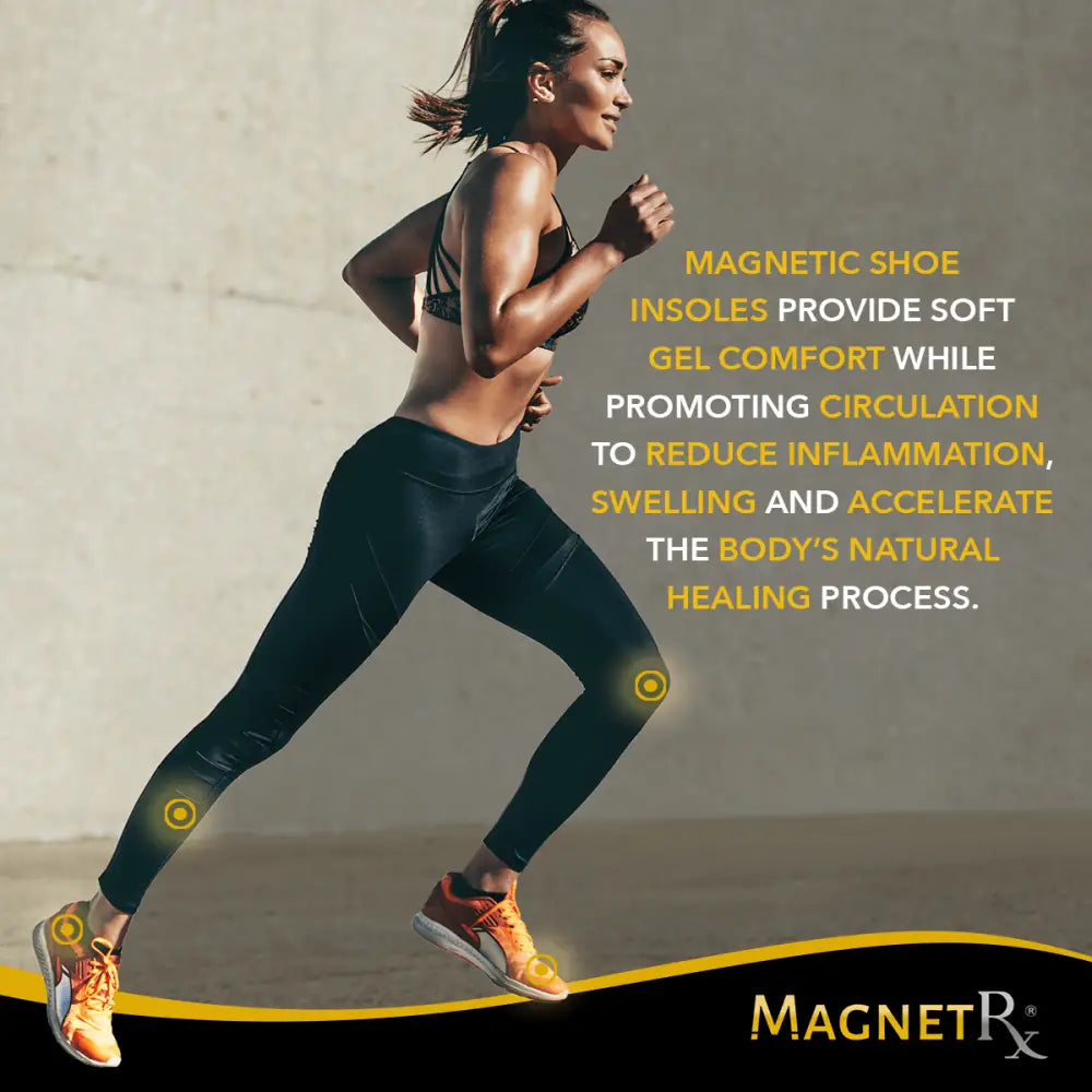 Orange and white athletic sneakers featuring Magnetrx high power neodymium magnetic therapy insoles for comfort and circulation support