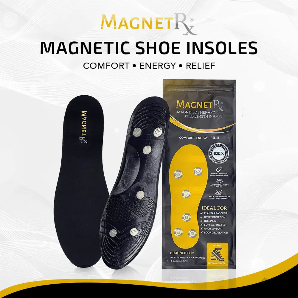 Magnetrx high power neodymium magnetic therapy insoles in black with silver magnets, packaged in a black and yellow pouch