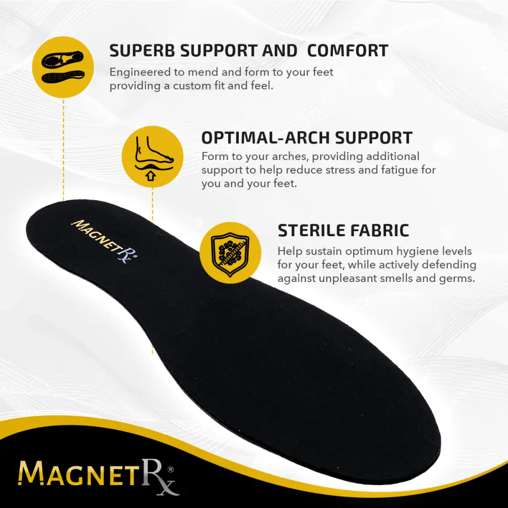 Black Magnetrx high power neodymium magnetic therapy insole with sleek contoured design and sterile fabric for arch support