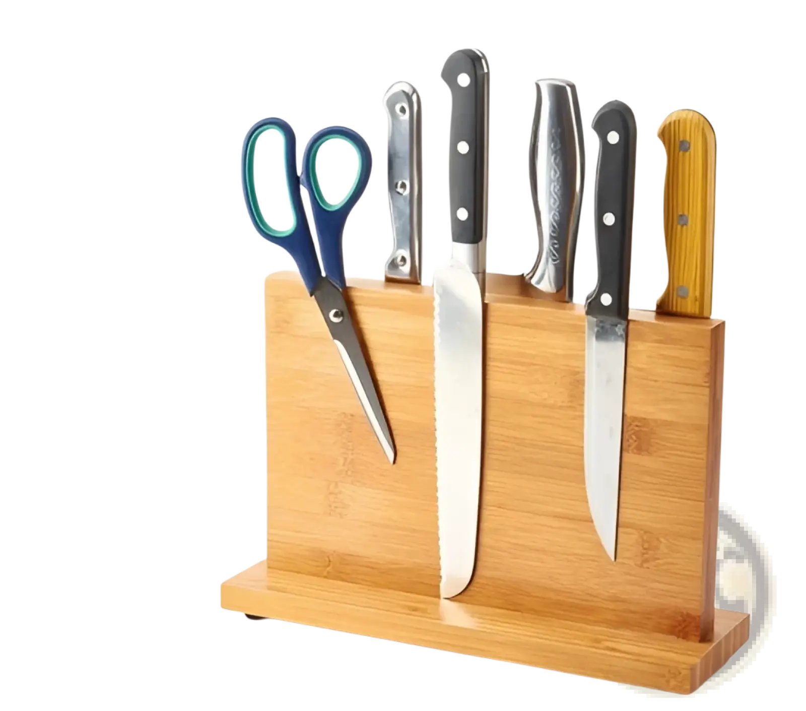 Bamboo magnetic knife holder universal block in assorted sizes holding scissors and knives with varied handle materials