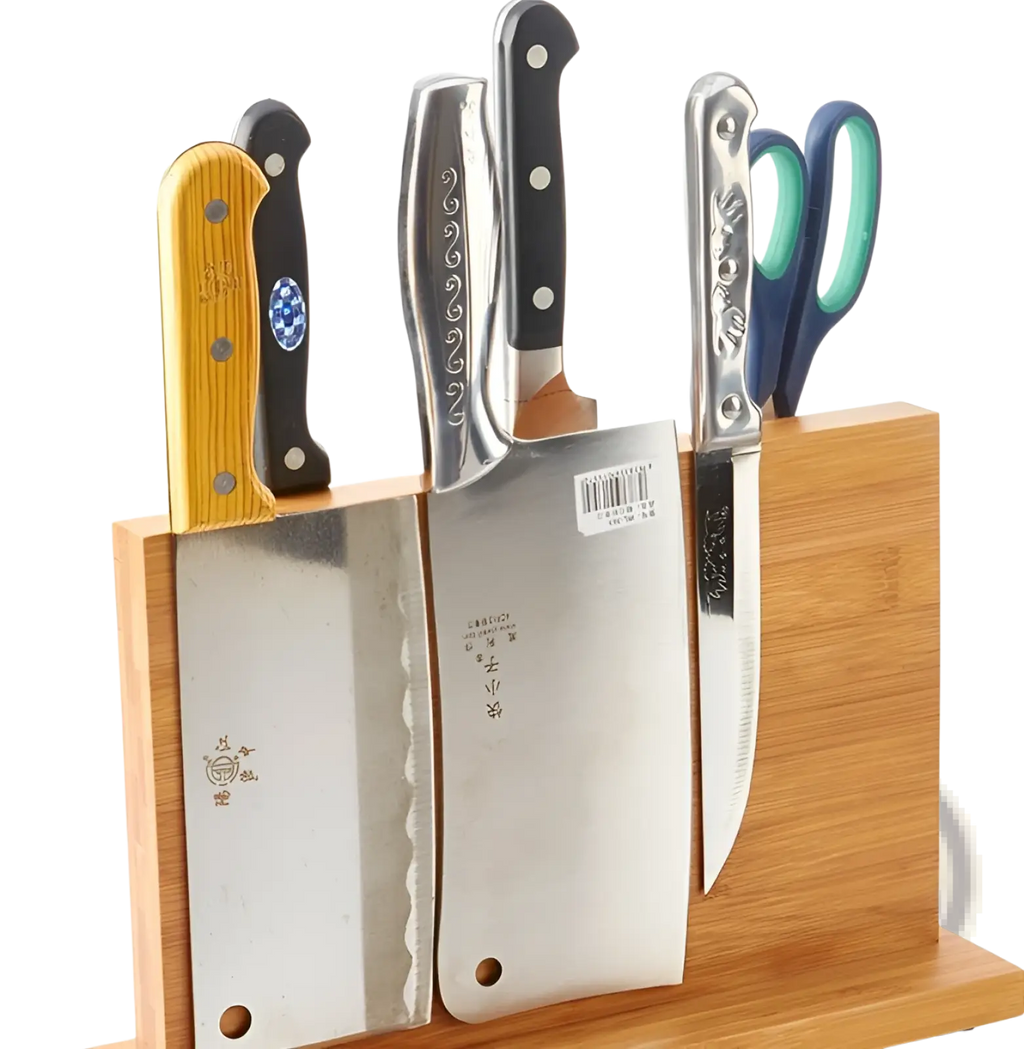 Wooden magnetic knife holder bamboo block with varied handle colors including yellow black silver and teal knives and scissors