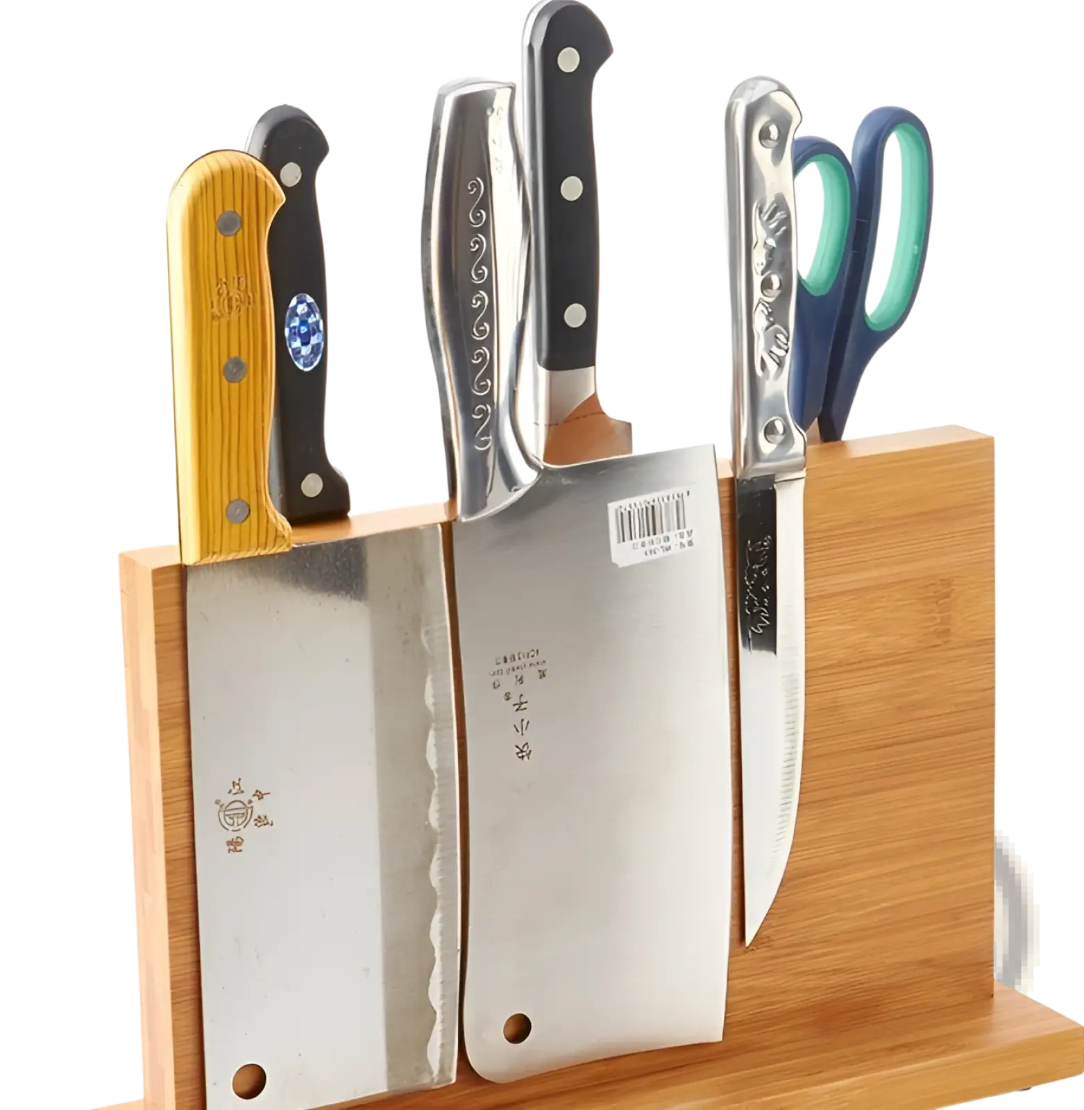Wooden magnetic knife holder bamboo block with varied handle colors including yellow black silver and teal knives and scissors