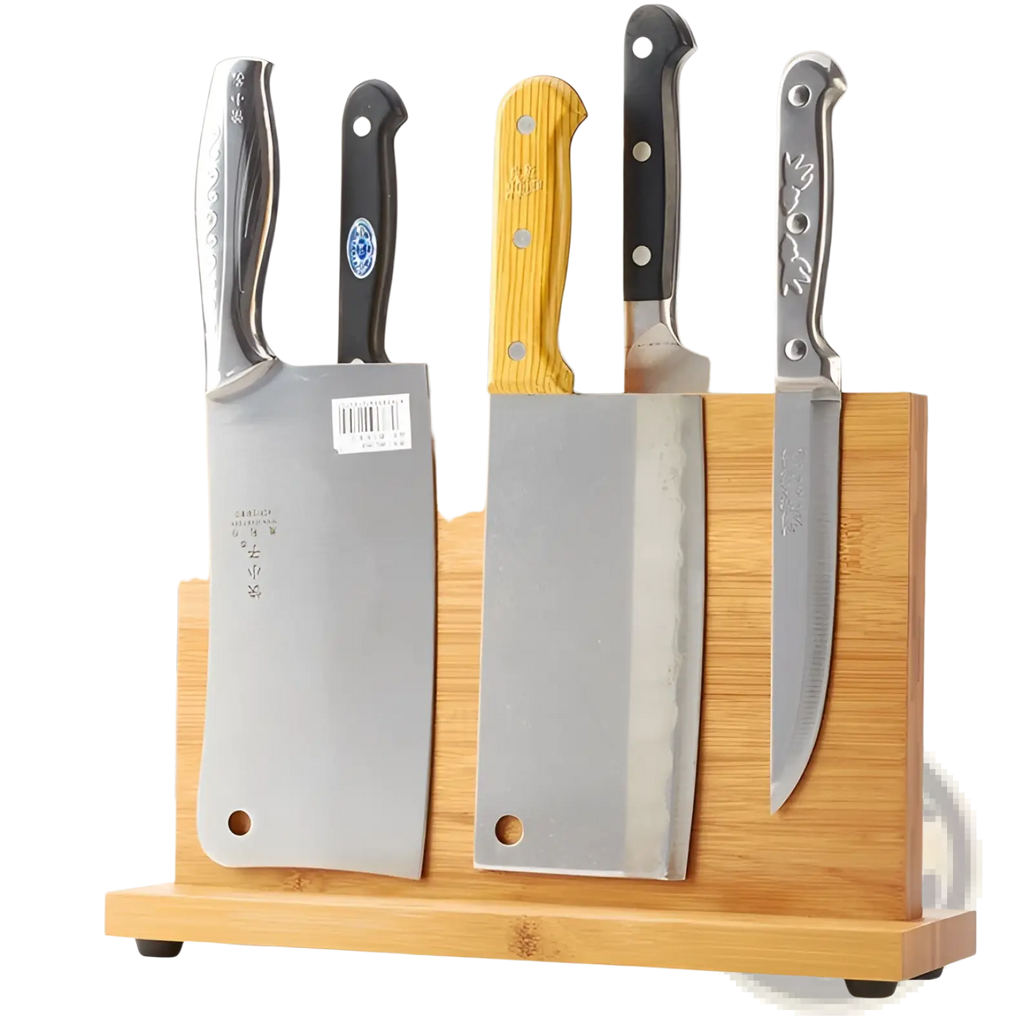Set of five kitchen knives with black yellow wood and silver handles in a stainless steel blade bamboo magnetic knife block