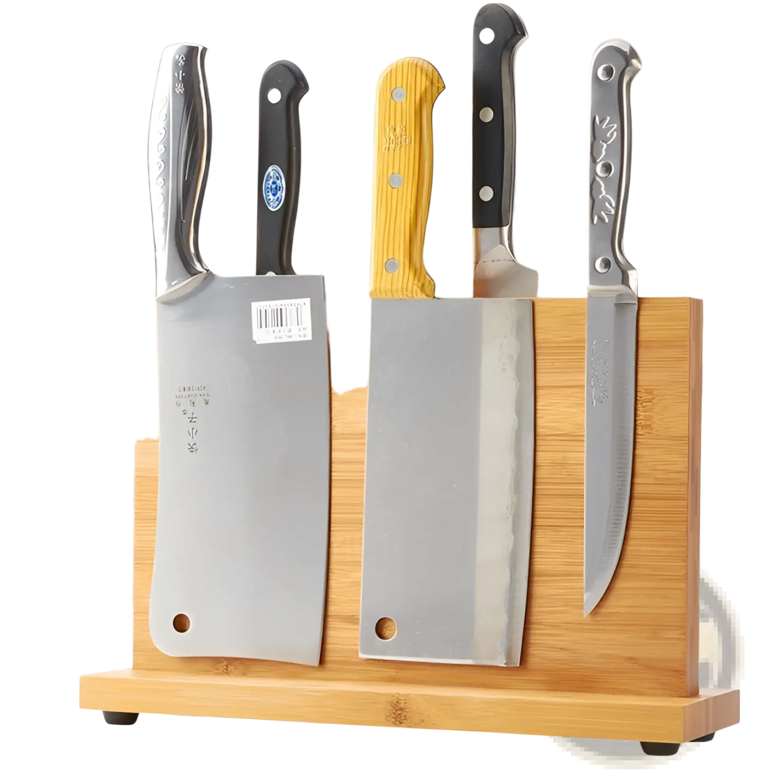 Set of five kitchen knives with black yellow wood and silver handles in a stainless steel blade bamboo magnetic knife block