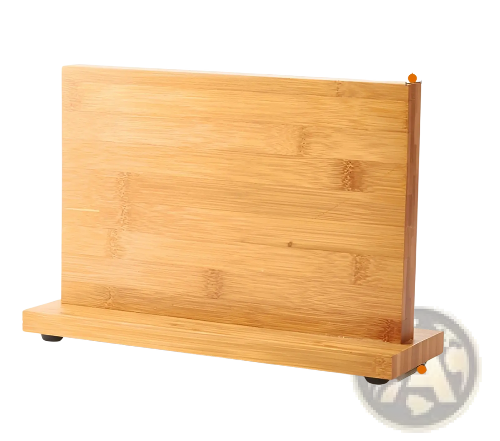 A light brown bamboo magnetic knife holder universal block with a rectangular base and rounded corners 300mm x 205mm