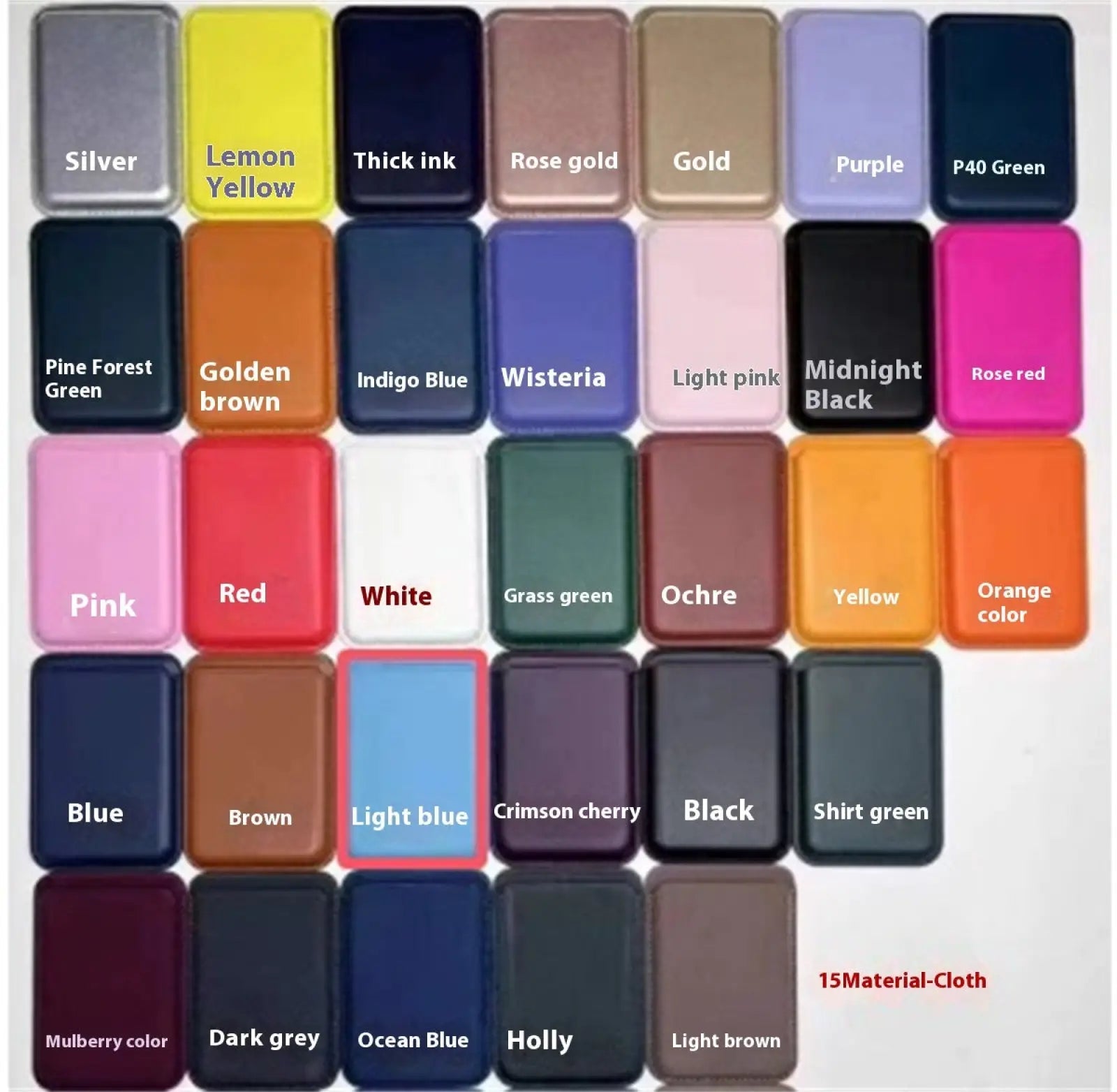 A collection of 15 fabric color swatches including silver lemon yellow rose gold and midnight black for magnetic leather wallet card holder for iphone 14 13 12