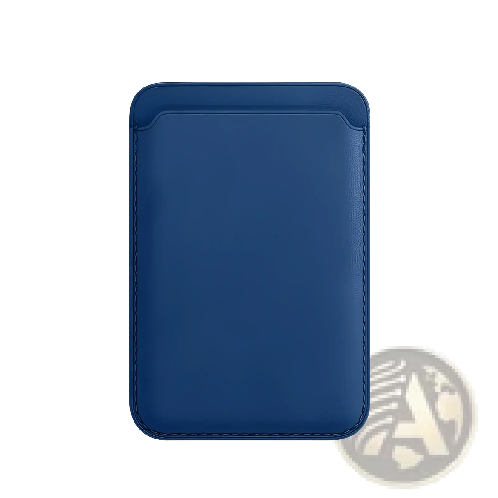 Deep blue leather magnetic wallet card holder with stitched edges and single card slot for iPhone 14 13 12