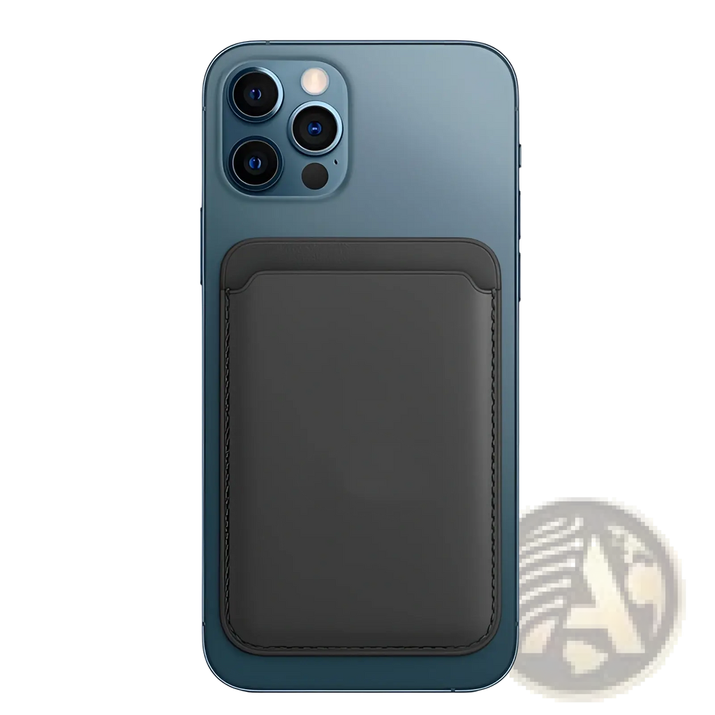 Black leather magnetic wallet card holder attached to the back of a blue iphone 14 smartphone