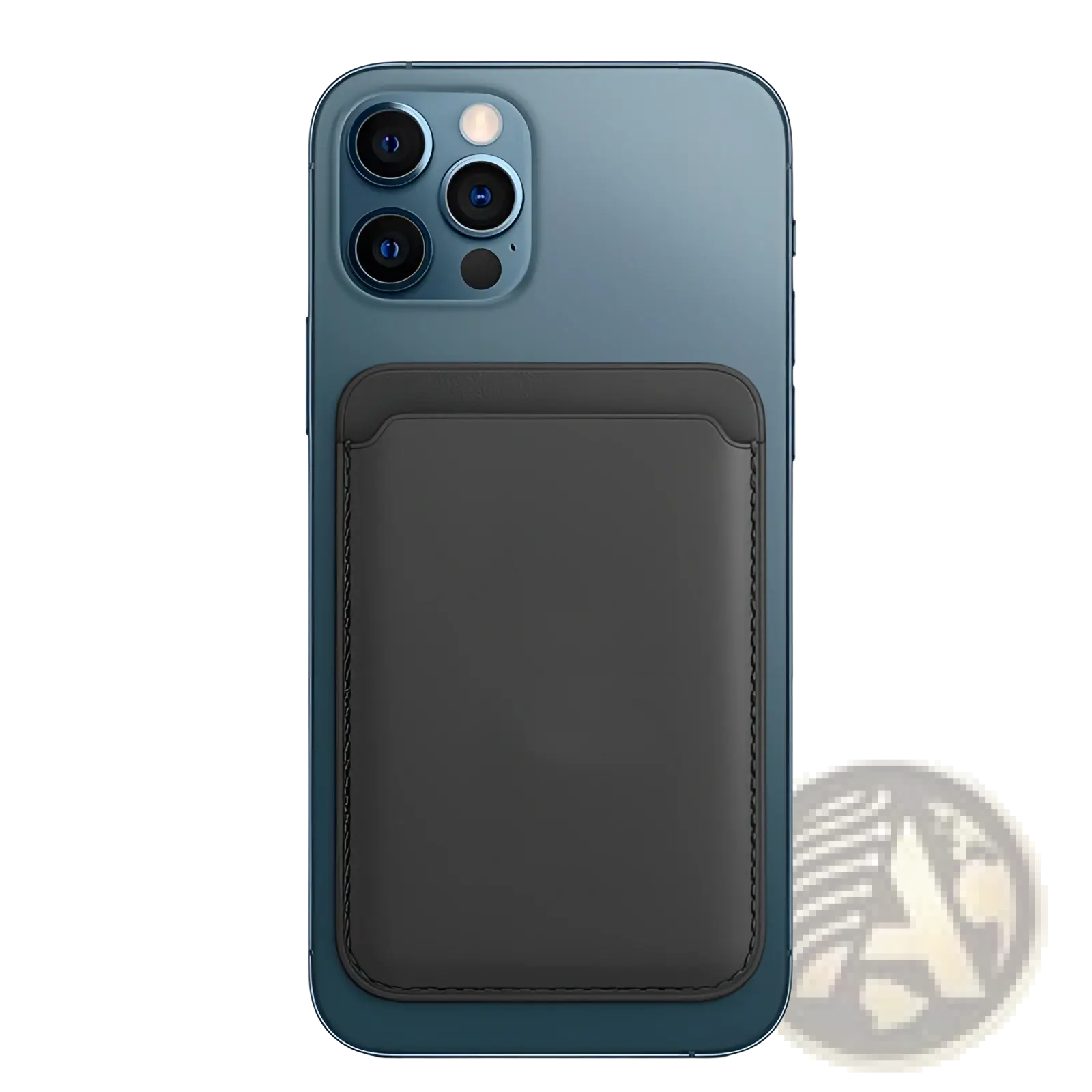 Black leather magnetic wallet card holder attached to the back of a blue iphone 14 smartphone