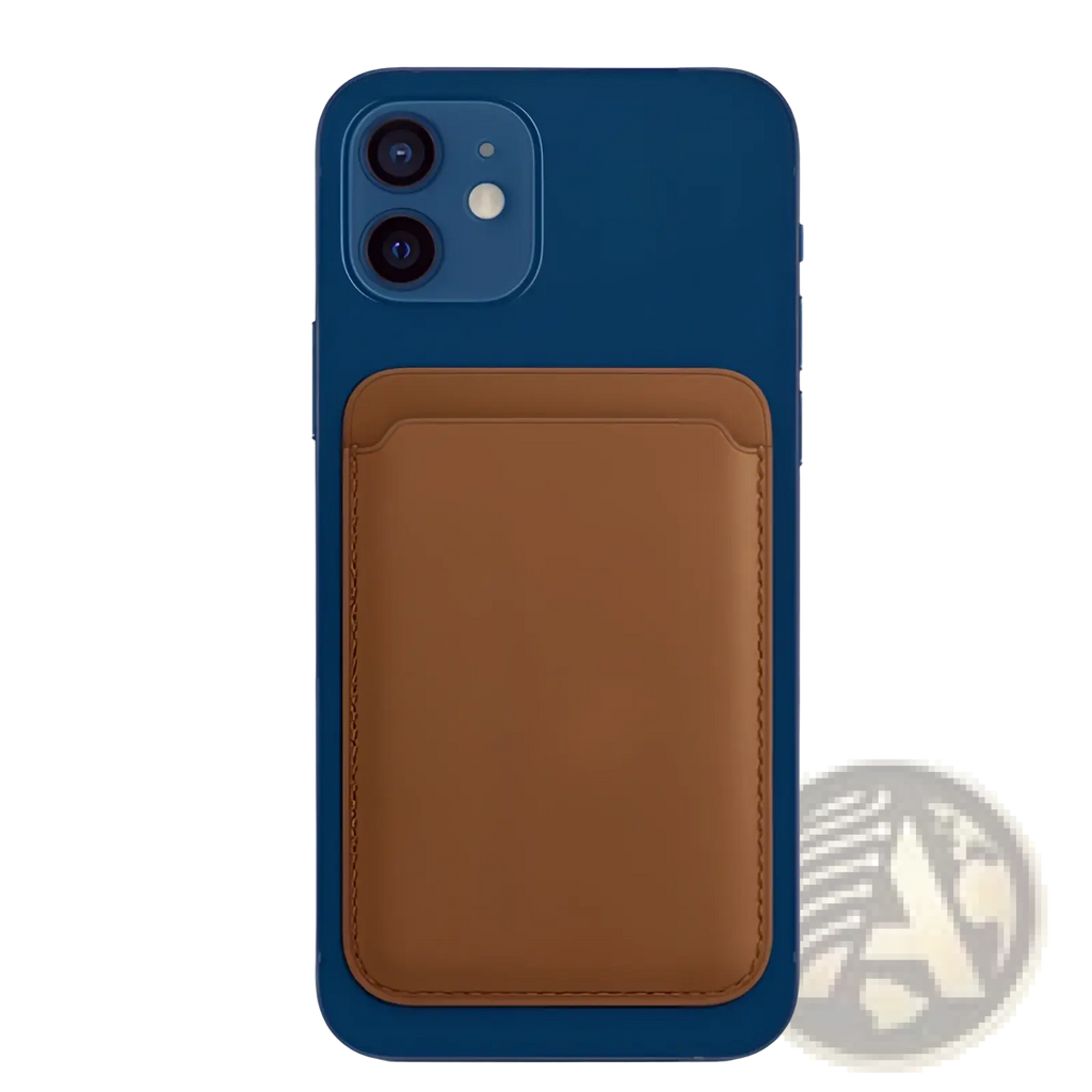 Back view of a blue iphone 14 13 12 magnetic phone case with tan leather card holder attached for convenient storage