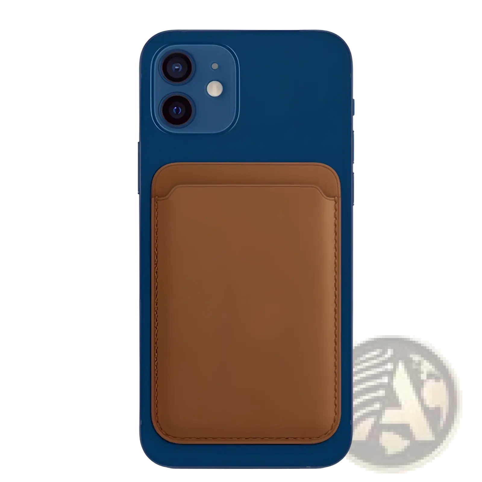 Back view of a blue iphone 14 13 12 magnetic phone case with tan leather card holder attached for convenient storage