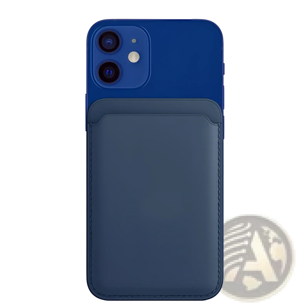 Blue leather magnetic wallet card holder attached to the back of an iPhone 14 13 12 for convenient card storage