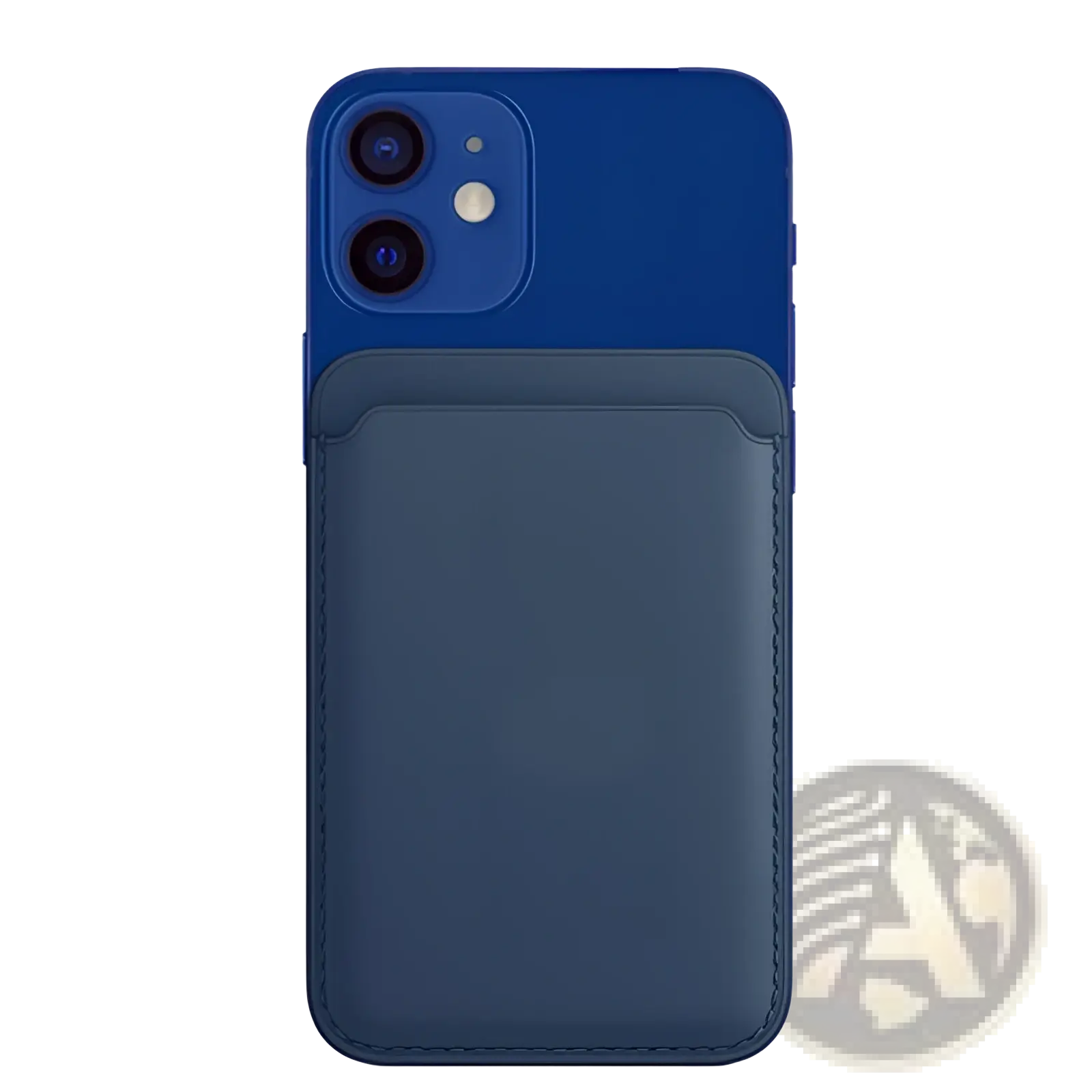 Blue leather magnetic wallet card holder attached to the back of an iPhone 14 13 12 for convenient card storage