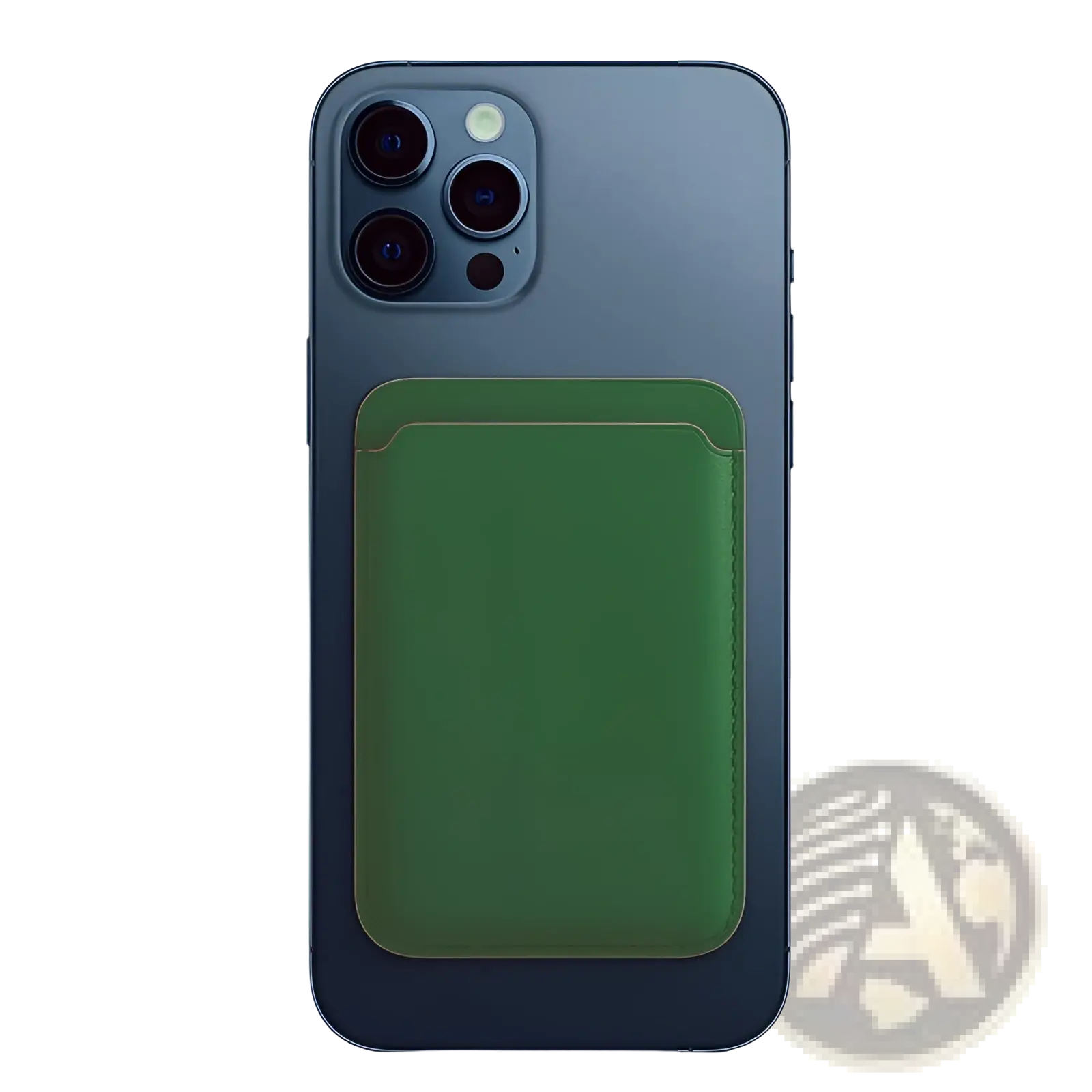 Back view of a green leather magnetic wallet card holder attached to the dark blue iphone 14 13 12 smartphone
