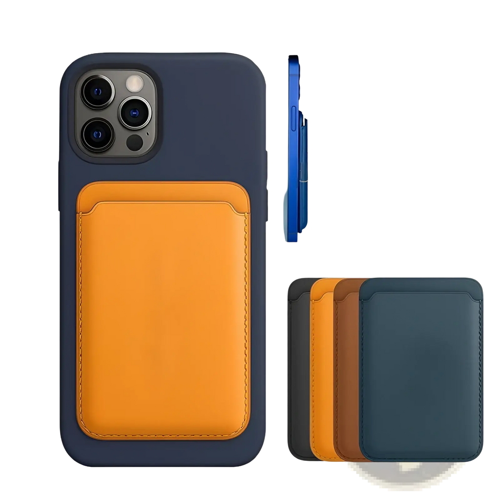 Back view of a navy blue and orange magnetic leather wallet card holder for iphone 14 13 12 with card slot