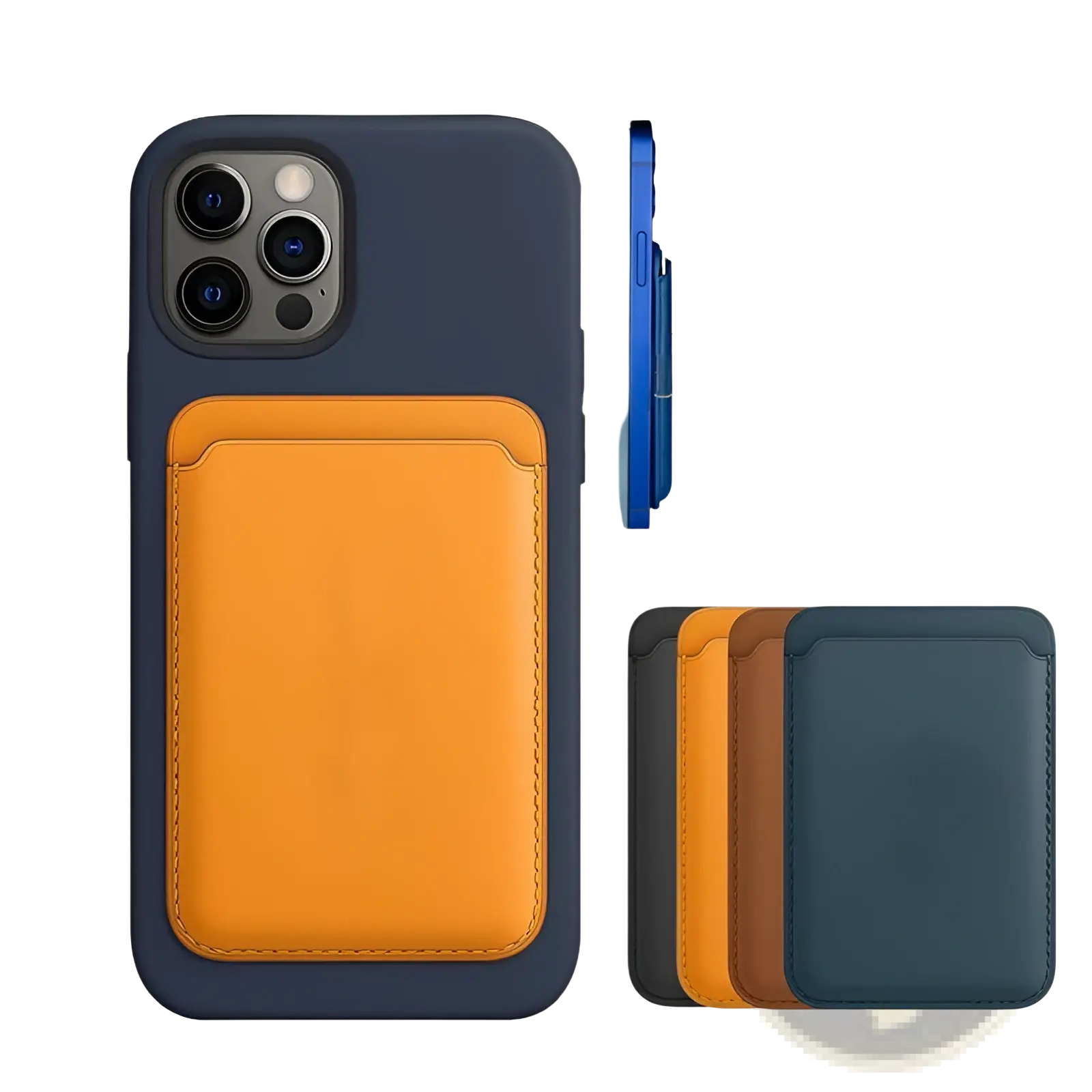Back view of a navy blue and orange magnetic leather wallet card holder for iphone 14 13 12 with card slot