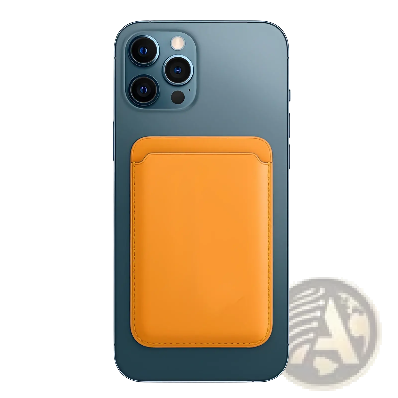 Back side of a dark blue iphone with an orange magnetic leather wallet card holder attached