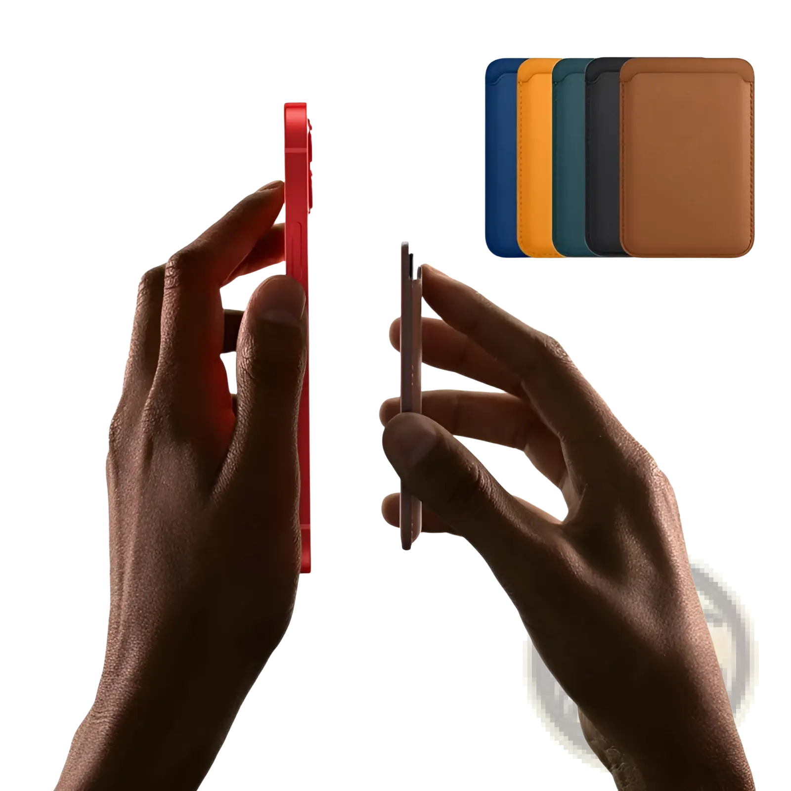 Red iphone with a magnetic leather wallet card holder case shown in multiple colors including blue yellow teal black and brown