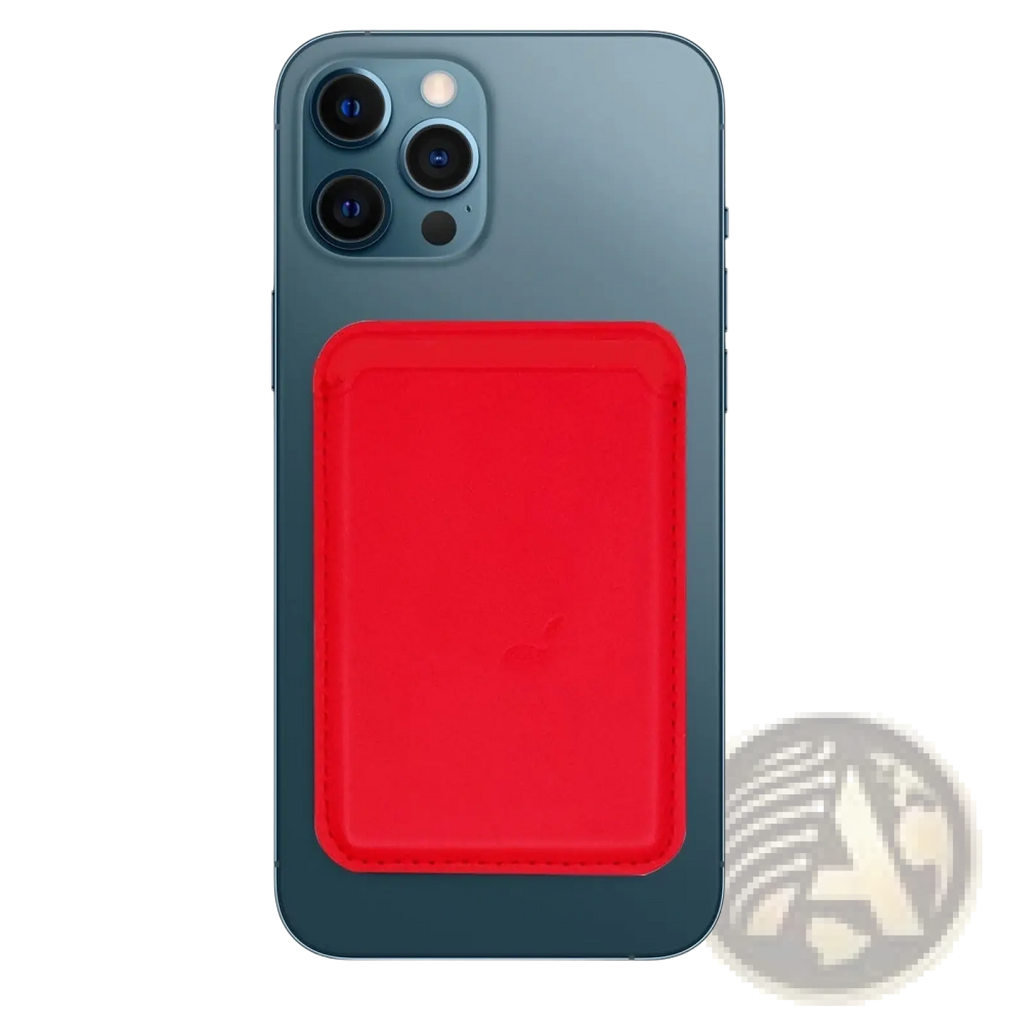Back side of a red magnetic leather wallet card holder attached to the back of a dark blue iphone 14 13 12