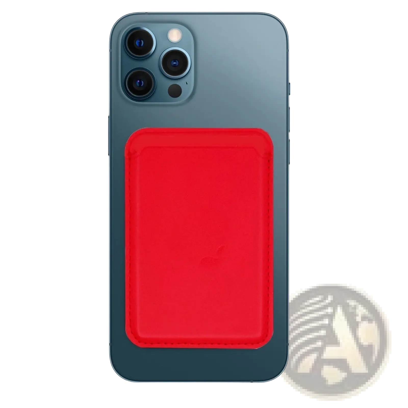 Back side of a red magnetic leather wallet card holder attached to the back of a dark blue iphone 14 13 12