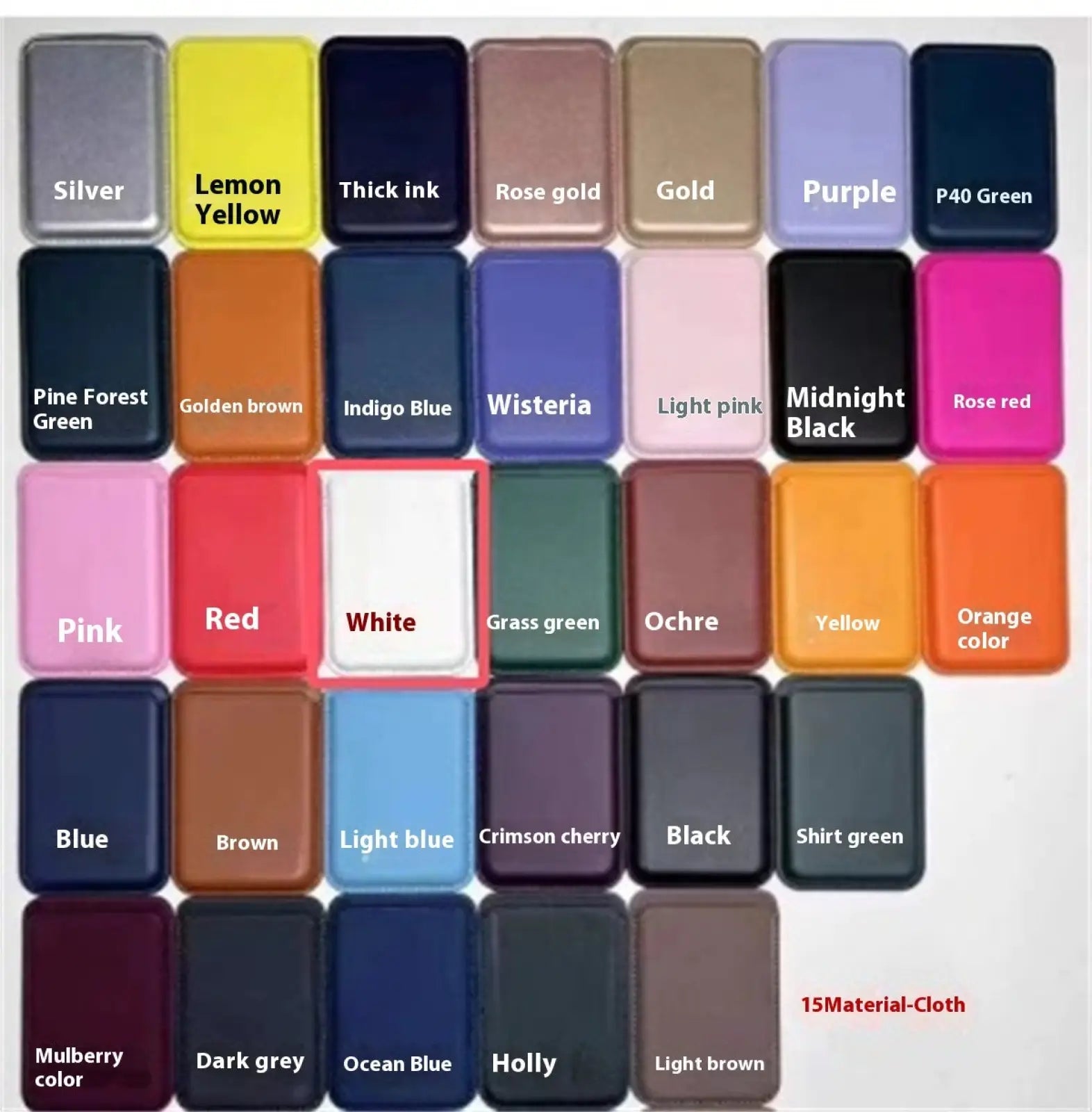 White cloth color swatch displayed in a grid of assorted shades for magnetic leather wallet card holder for iphone 14 13 12