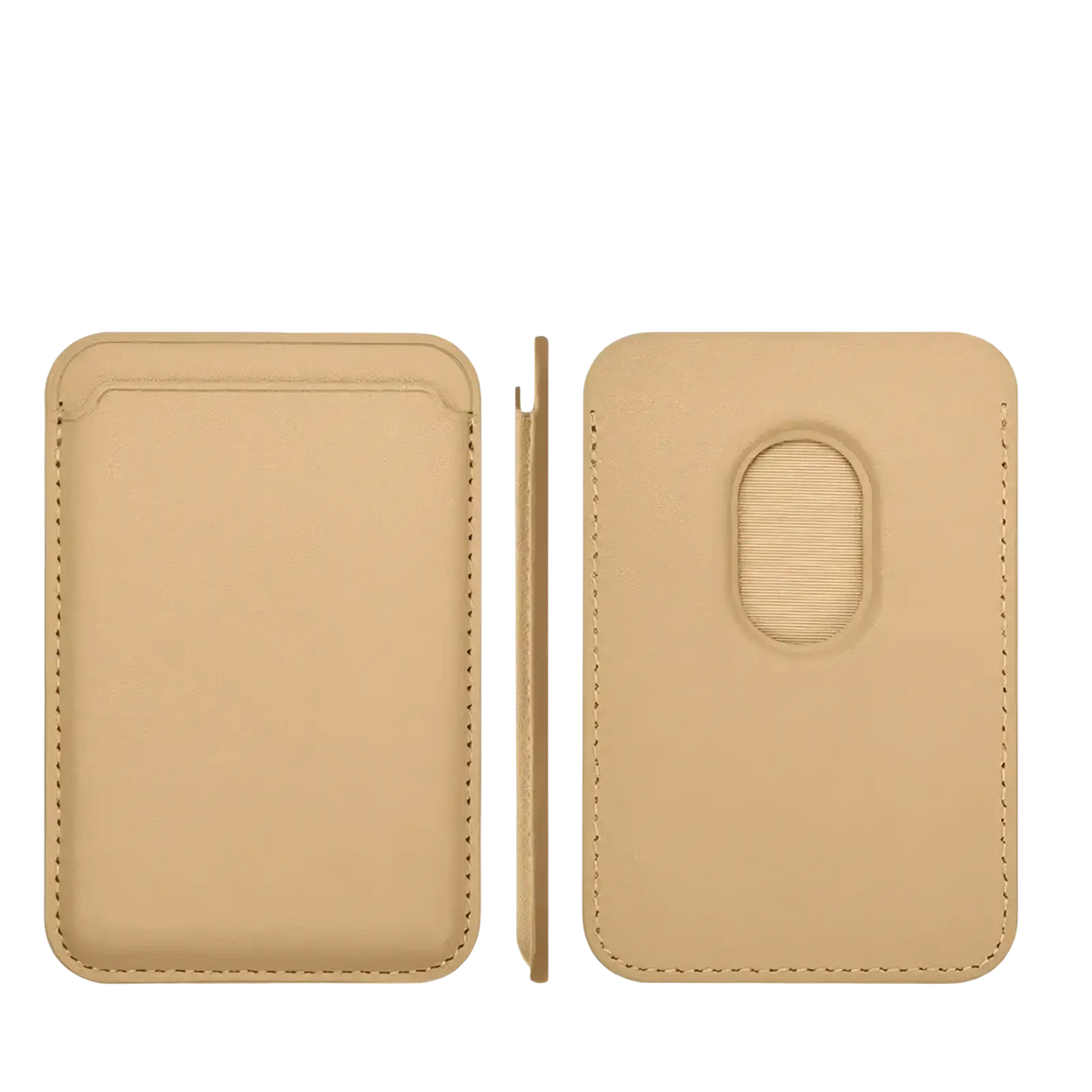 Beige leather magnetic wallet phone case card holder showing the back with an oval textured grip and magnetic closure