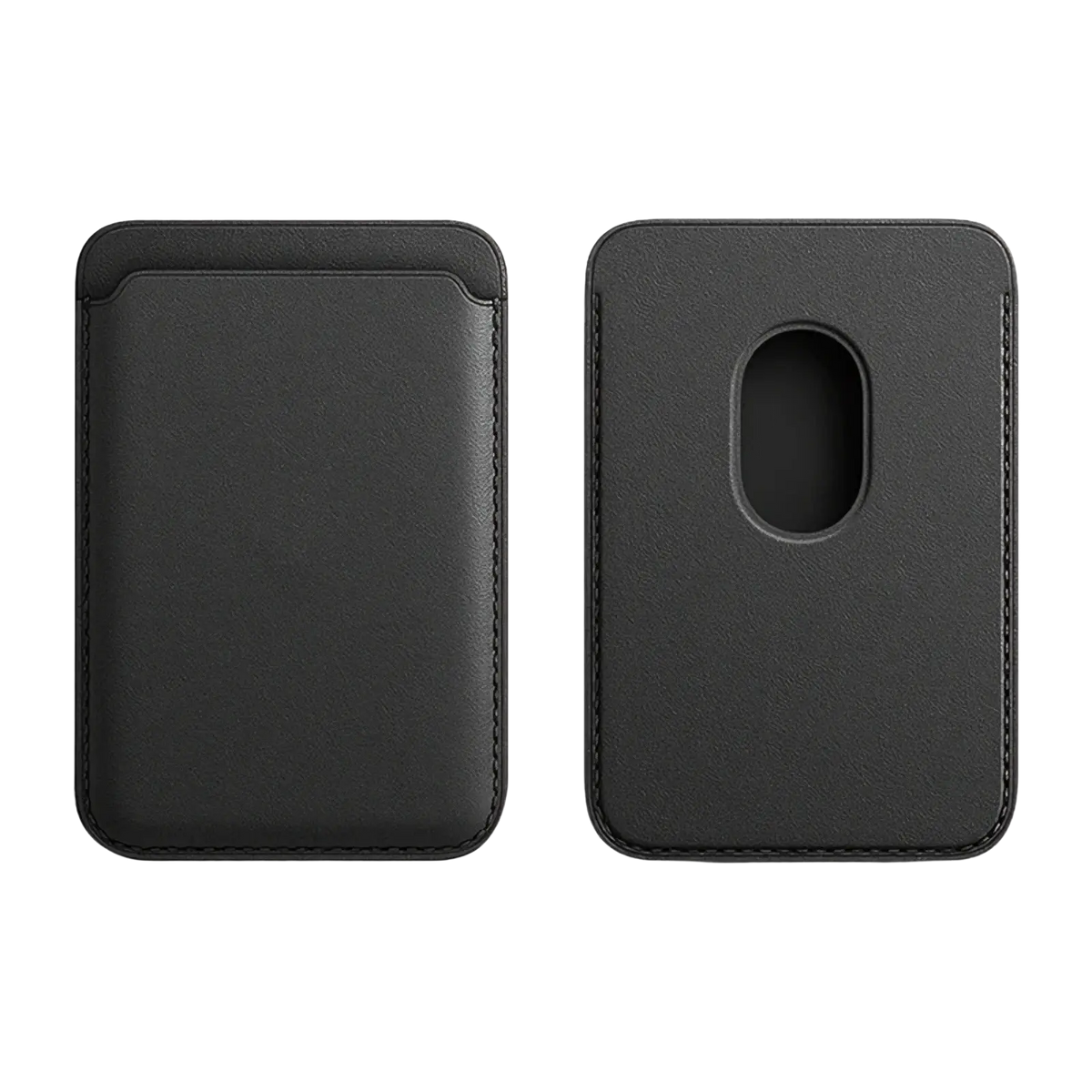 Black leather magnetic wallet phone case card holder with stitched edges and magnetic card slot visible