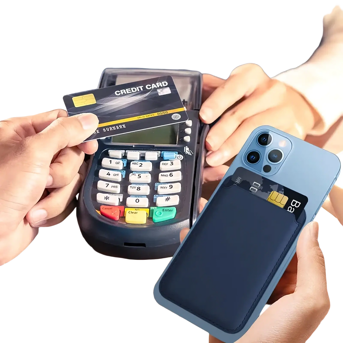 Blue magnetic leather wallet phone case with card slot showing the back side holding an id card