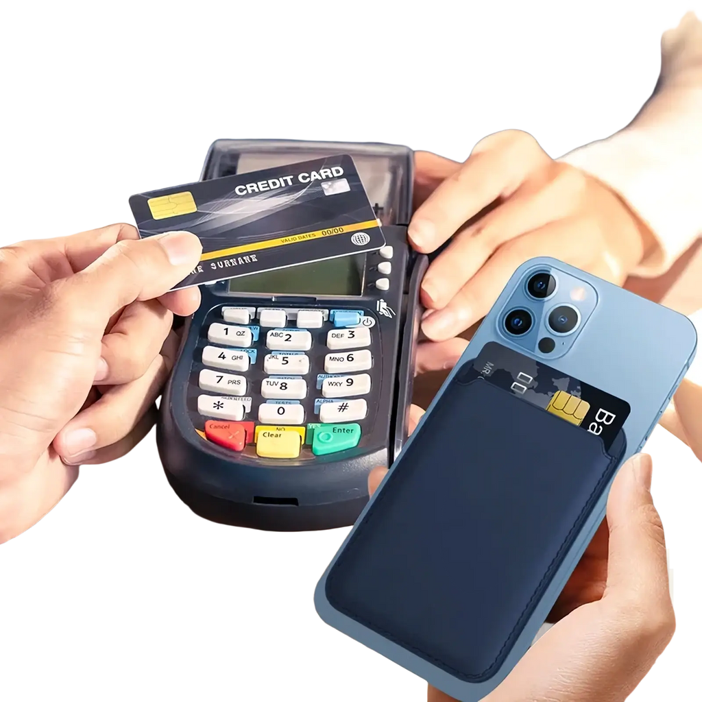 Blue magnetic leather wallet phone case with card slot showing the back side holding an id card