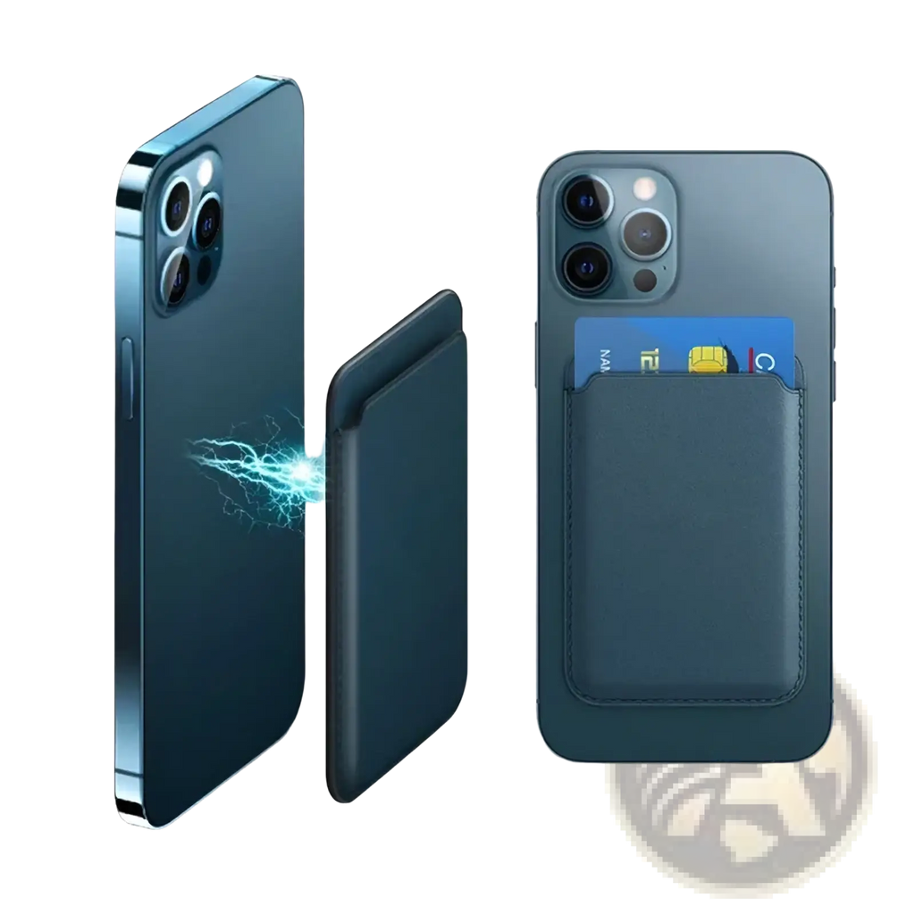 Dark blue magnetic leather wallet phone case with stitched finish and card slots for credit cards shown from back side