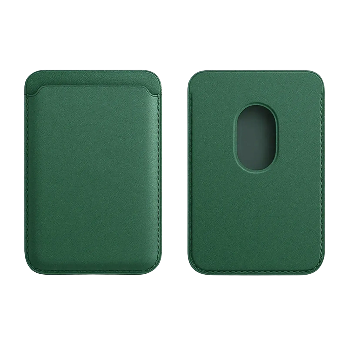 Dark green leather magnetic wallet phone case card holder with stitched edges and a single card slot